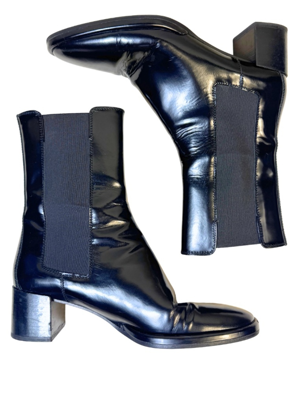 Massimo Dutti Black Leather Chelsea Boots Women's EU39 US8 Block Heel
